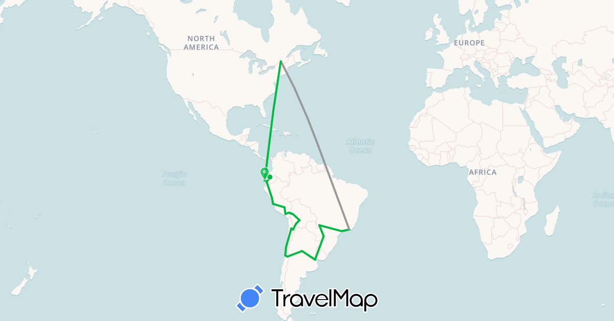 TravelMap itinerary: driving, bus, plane in Argentina, Bolivia, Brazil, Chile, Ecuador, Peru (South America)
